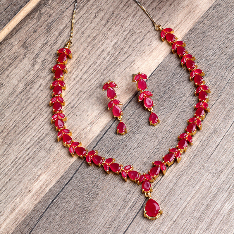 Stylish Temple Gold-Plated Red American Diamond-Studded Jewellery Set
