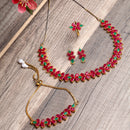 Flower Shaped Green & Red Gold Plated American Diamond Studded Jewellery Set Combo
