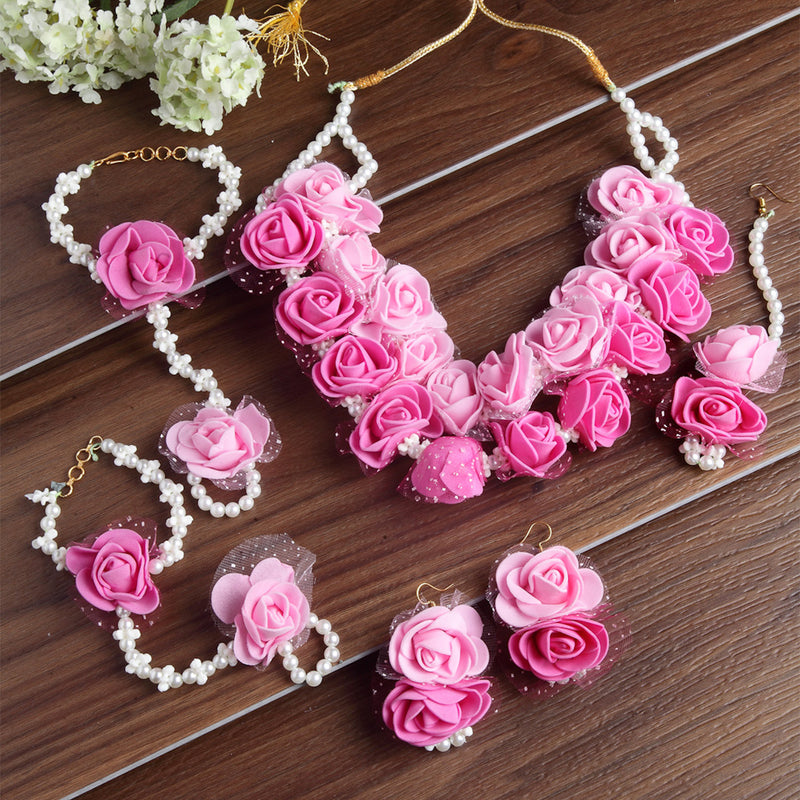 Pink & White Gold-Plated Pearl Gota Patti Flower Jewellery Set Combo