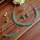 Sea Green & Red Flower Shaped Gold-Plated American Diamond Studded Jewellery Set Combo