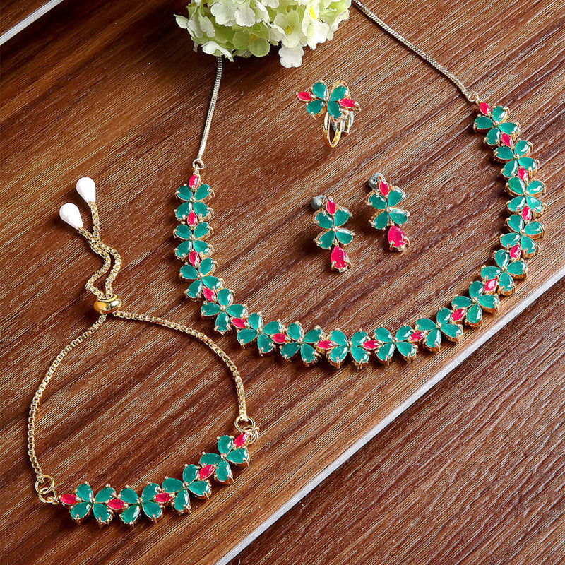 Sea Green & Red Flower Shaped Gold-Plated American Diamond Studded Jewellery Set Combo