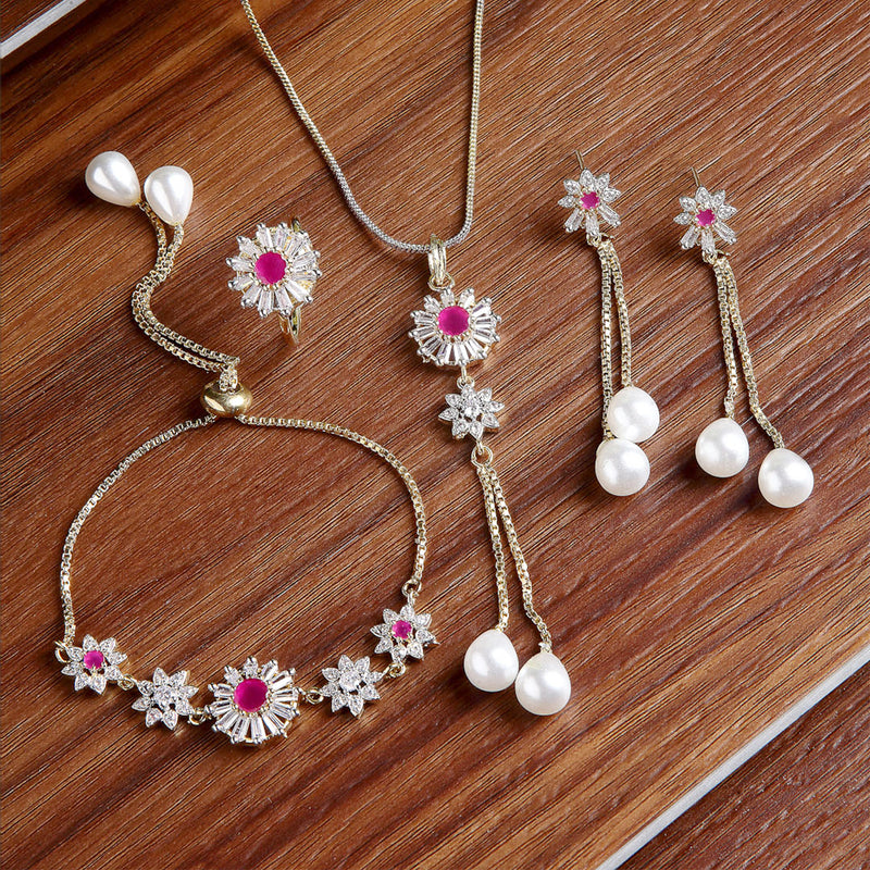 Gold-Plated Red Stone Asscher Shaped American Diamond Jewellery Set Combo