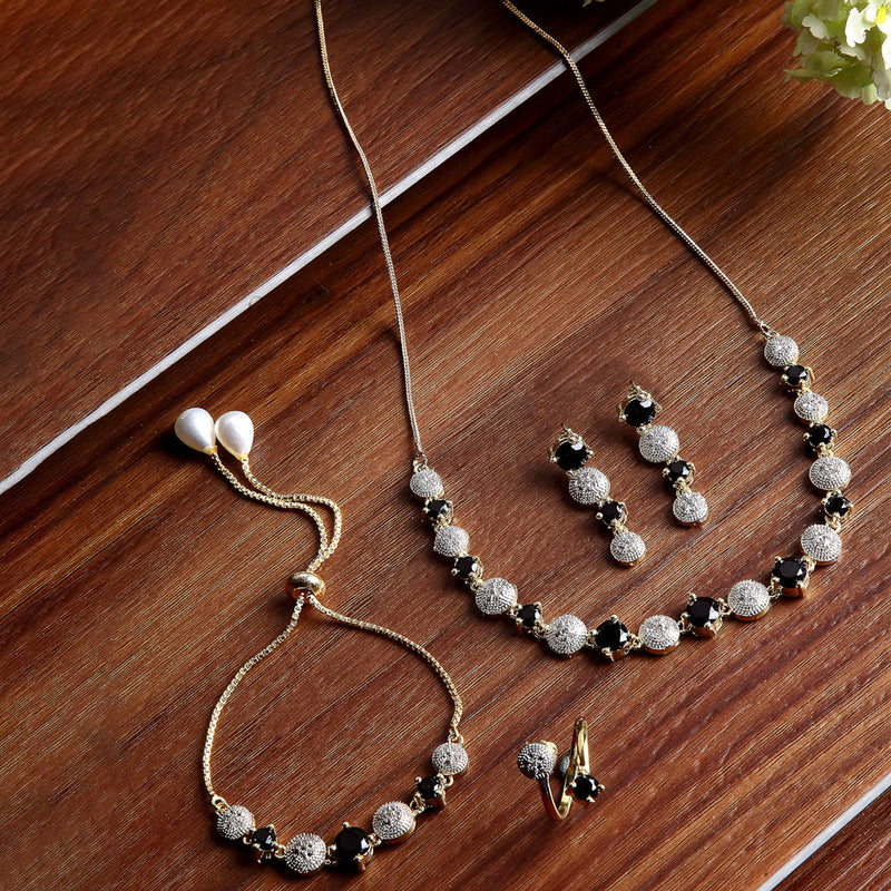 Black & White Gold Plated Stone American Diamond Studded Jewellery Set Combo