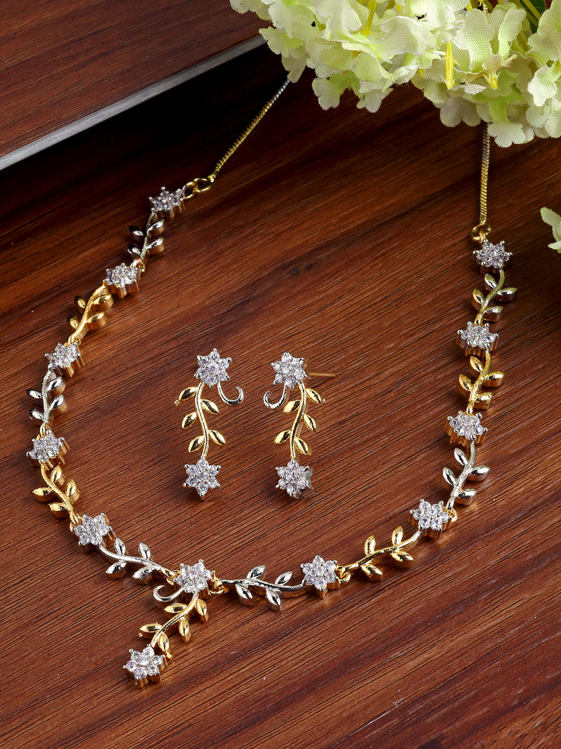 Leaf & Flower Shaped Gold-Plated with Silver-Tone & White American Diamond Studded Handcrafted Jewellery Set
