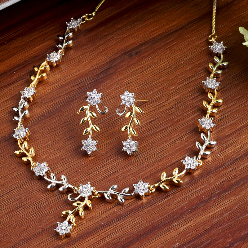 Leaf & Flower Shaped Gold-Plated with Silver-Tone & White American Diamond Studded Handcrafted Jewellery Set