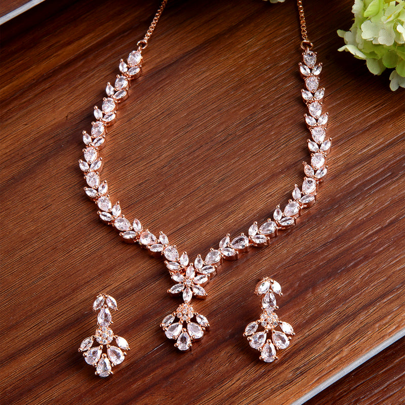 Rose Gold-Plated & White American Diamond Studded Floral Shaped Jewellery Set