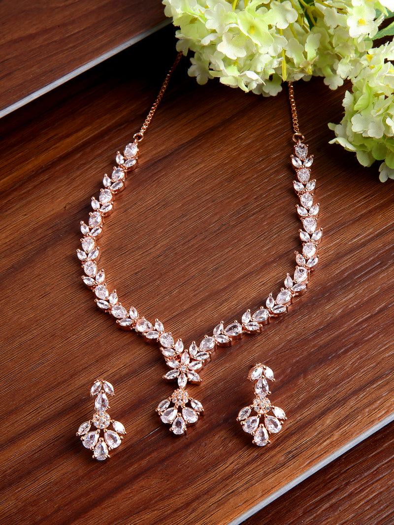Rose Gold-Plated & White American Diamond Studded Floral Shaped Jewellery Set