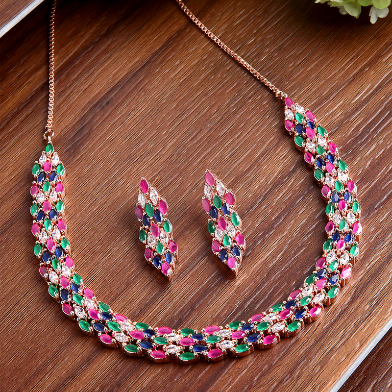 Pink Blue Green & White Rose Gold-Plated American Diamond-Studded Handcrafted Jewellery Set