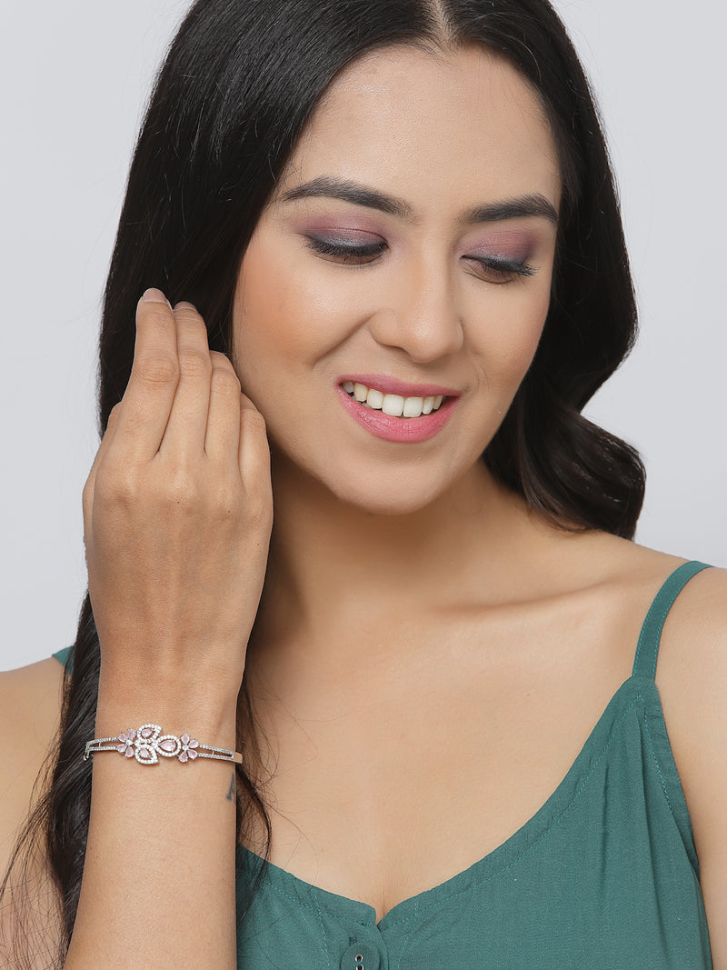 Rhodium-Plated Pink American Diamond Studded Leaf Shaped Kada Bracelet