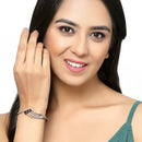 Rose Gold-Plated Black Toned Teardrop Shaped Royal Blue American Diamond Studded Bracelet