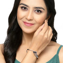 Rose Gold-Plated Black Toned Teardrop Shaped Royal Blue American Diamond Studded Bracelet