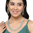 Rhodium-Plated Sea Green American Diamond Studded Layered Necklace & Earrings Jewellery Set