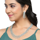 Rhodium-Plated Sea Green American Diamond Studded Layered Necklace & Earrings Jewellery Set