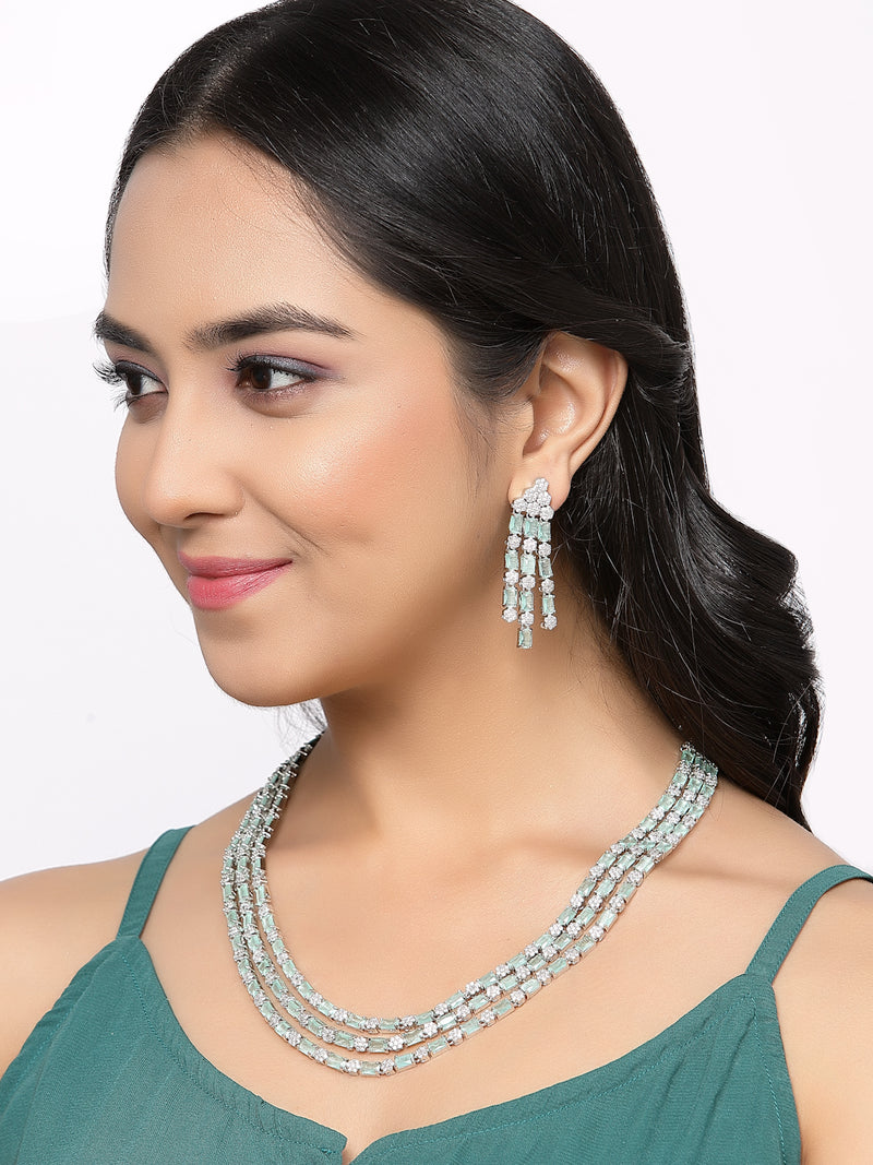Rhodium-Plated Sea Green American Diamond Studded Layered Necklace & Earrings Jewellery Set