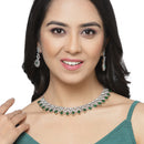 Rhodium-Plated Green & White Dribble Shape American Diamonds Studded Necklace & Earrings Jewellery Set