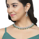 Rhodium-Plated Green & White Dribble Shape American Diamonds Studded Necklace & Earrings Jewellery Set