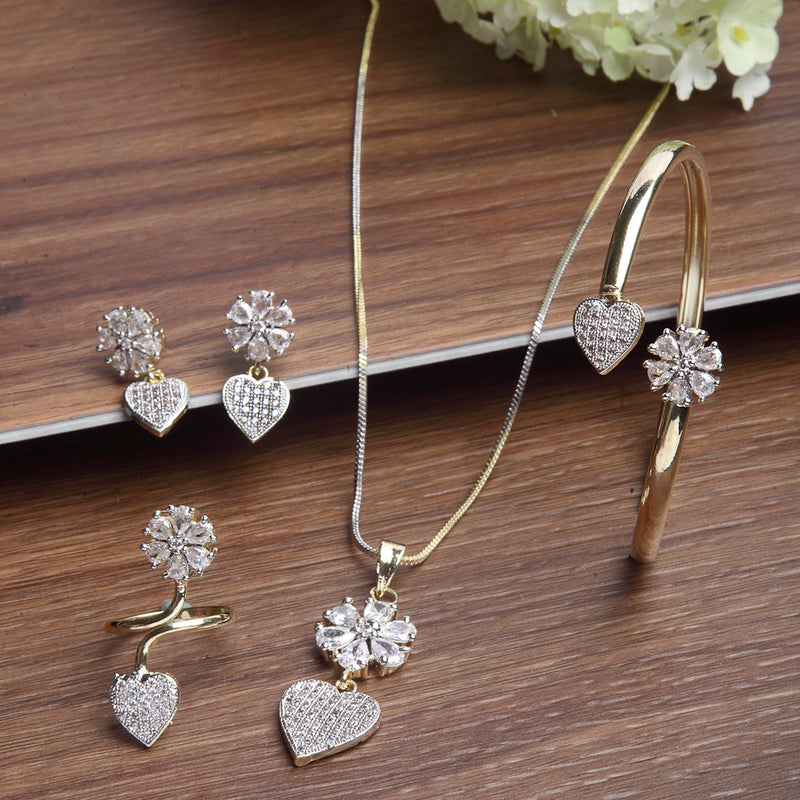 Flower Shaped Heart Drop Gold-Plated American Diamond-Studded Jewellery Set Combo