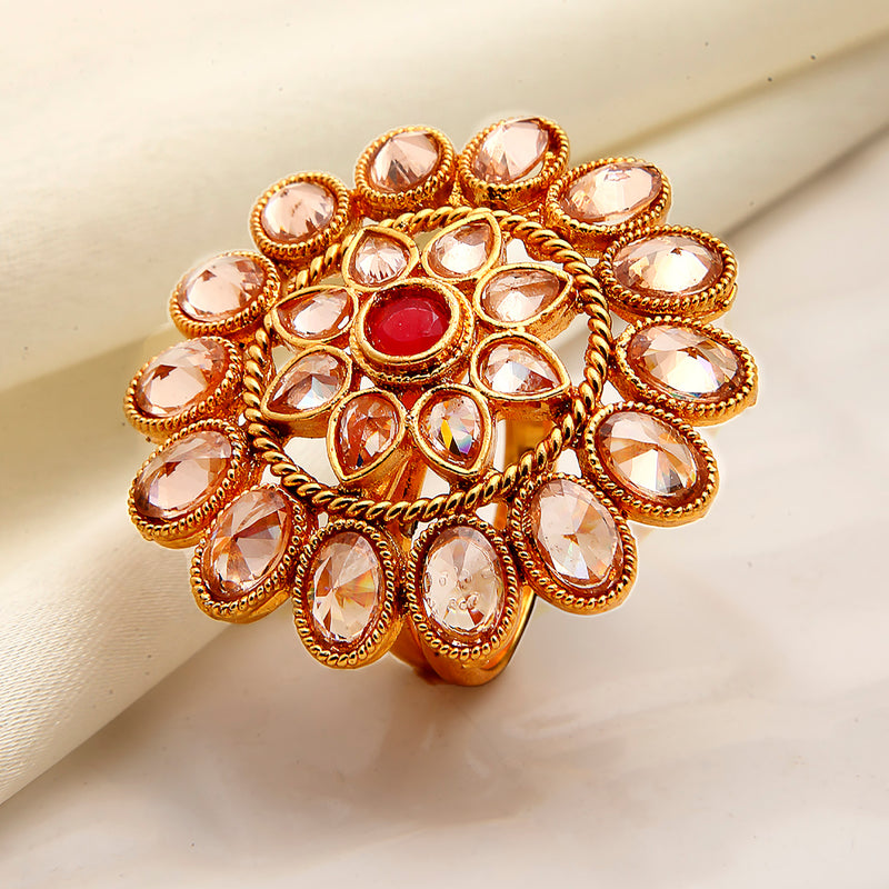 Gold-Plated Red & White Cubic Zirconia Studded Ring