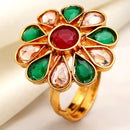 Gold-Plated Teardrop Shaped Floral Green & Pink Cubic Zirconia Studded Ring