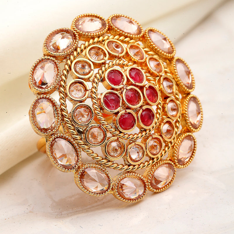 Gold-Plated Round Shaped Red Cubic Zirconia Studded Ring