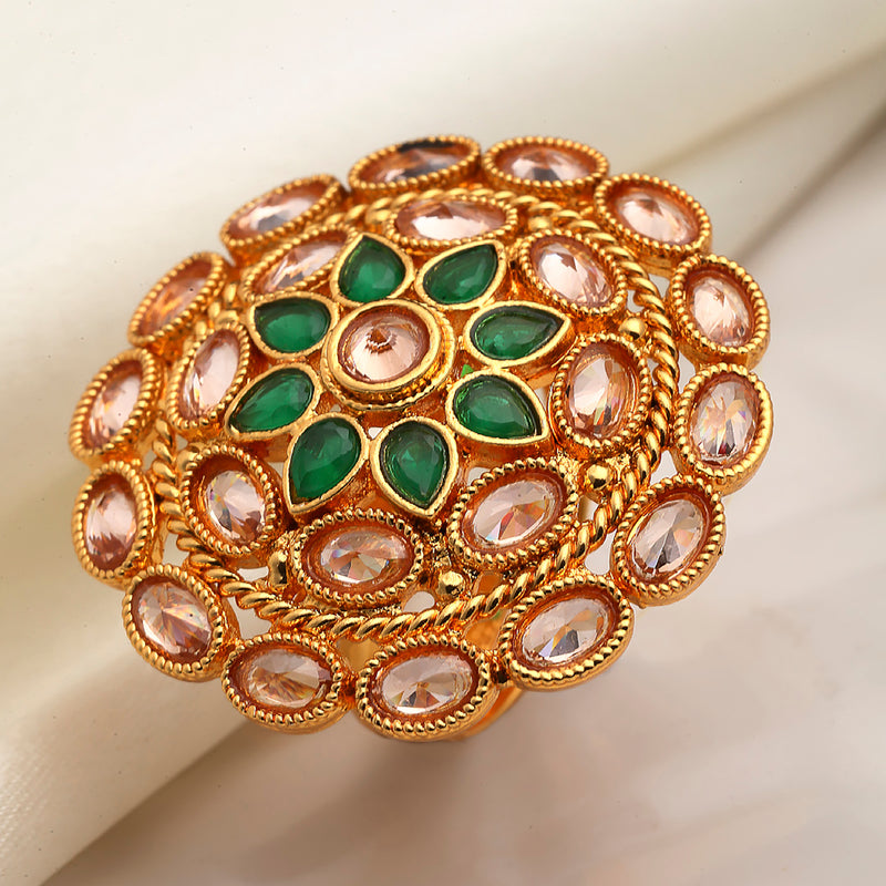 Gold-Plated Round Shaped Floral Green & Pink Cubic Zirconia Studded Ring