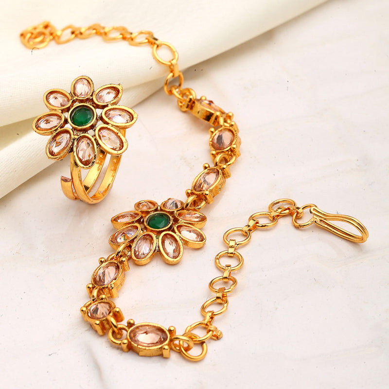 Gold-Plated Green Stone Studded Brass Wraparound Bracelet With Ring