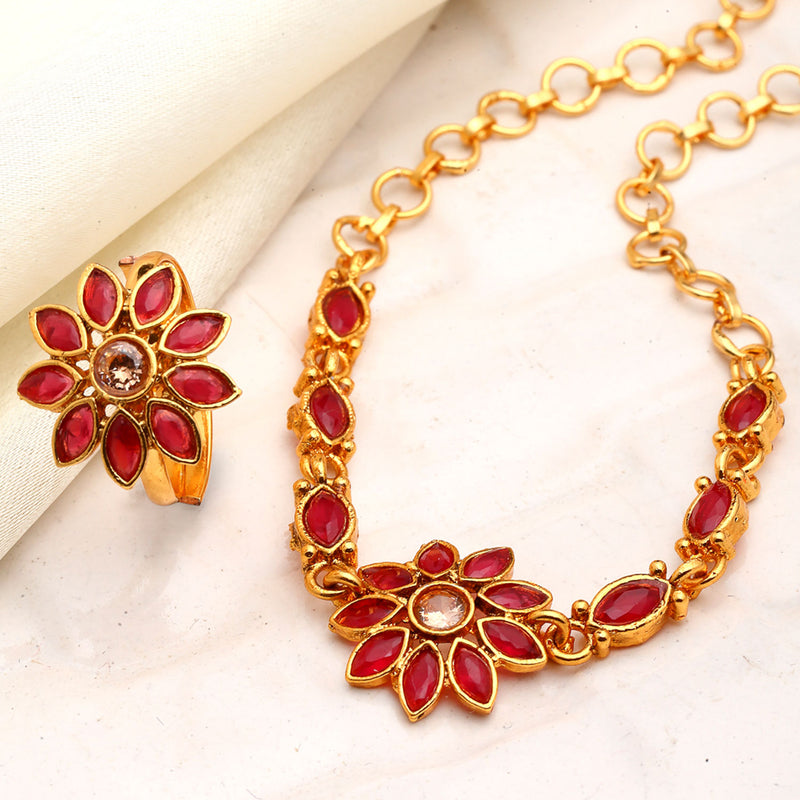 Gold-Plated Red Stone Studded Brass Wraparound Bracelet With Ring