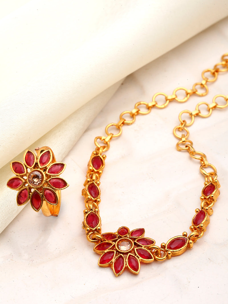 Gold-Plated Red Stone Studded Brass Wraparound Bracelet With Ring
