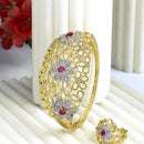 Gold-Plated Floral Design White & Pink American Diamond Studded Bangle & Ring Set