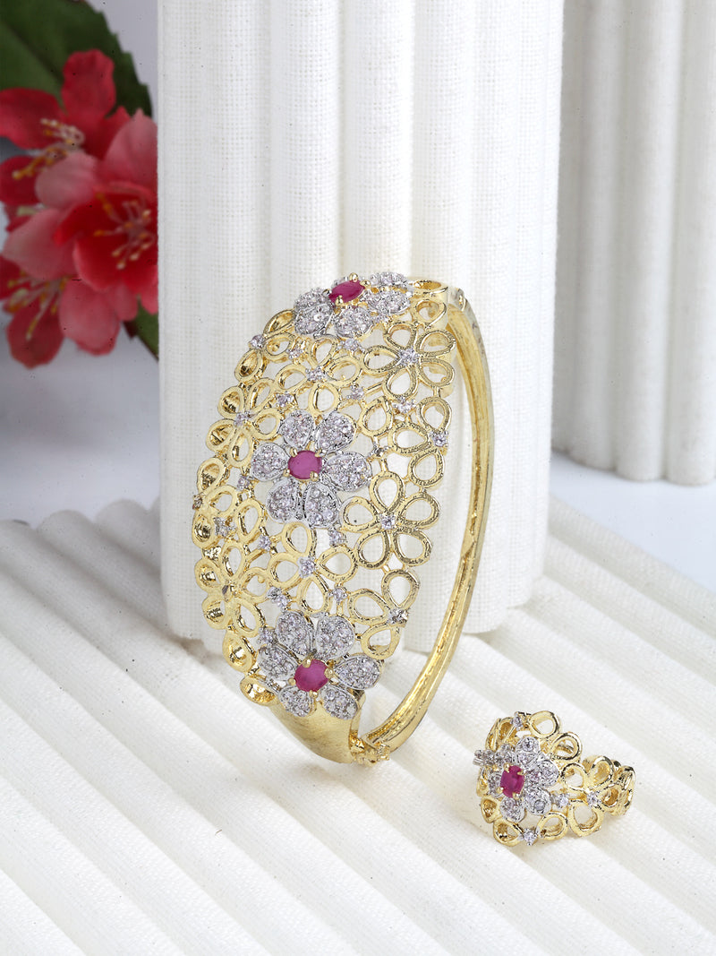 Gold-Plated & Red Brass American Diamond Bangle-Style Bracelet With Ring