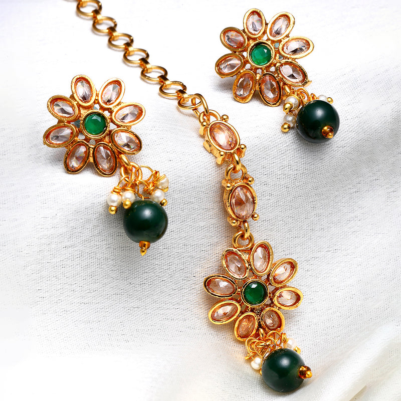 Gold-Plated Floral Green  Pearl & Kundan Studded Maang Tikka With Earring Set