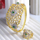 Gold-Plated Floral Design White & Green American Diamond Studded Bangle & Ring Set