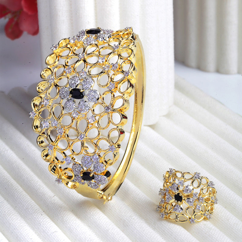Gold-Plated Floral Design Black & White American Diamond Studded Bangle & Ring Set