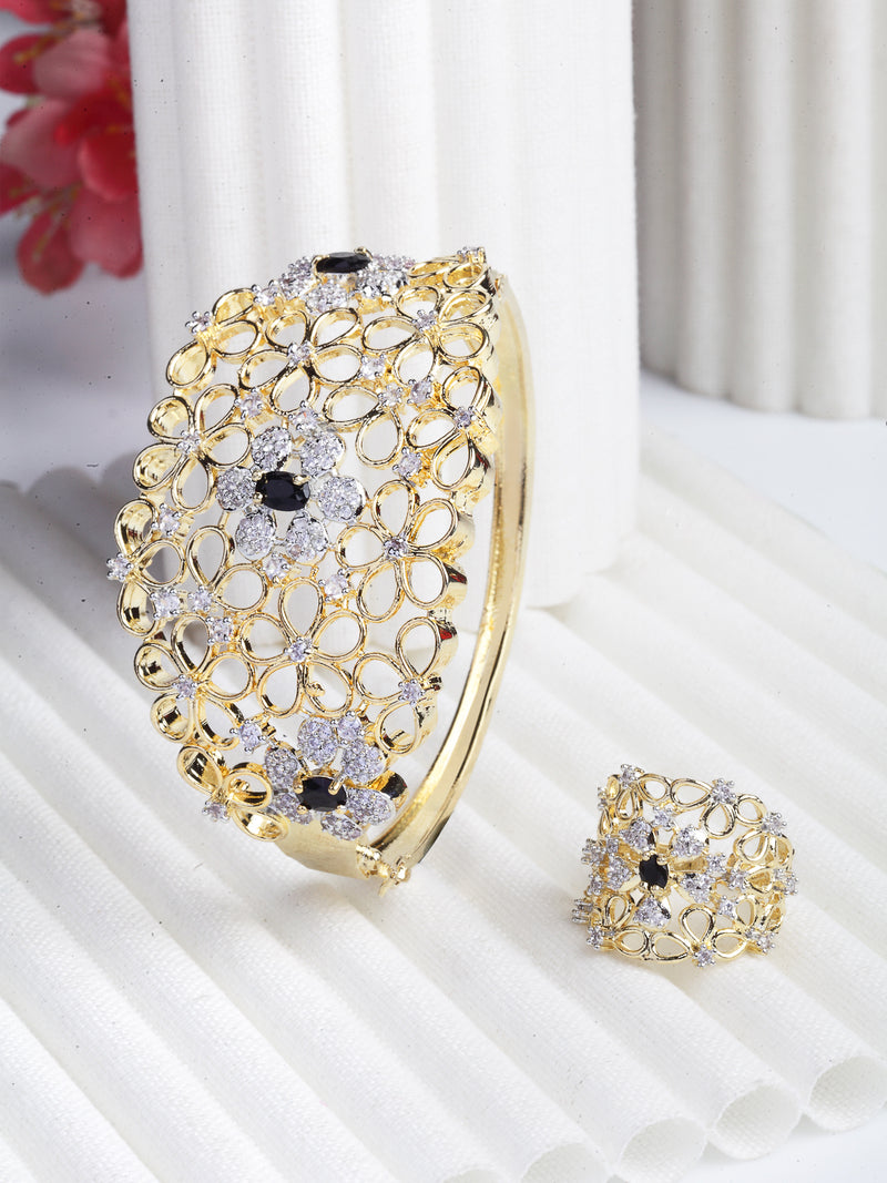 Black & Gold-Toned Brass American Diamond-Studded Gold-Plated Bangle-Style Bracelet & Ring