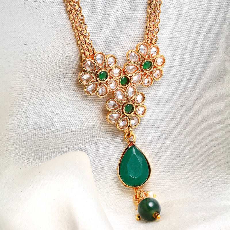 Gold-Plated Green & White Stone Studded Floral Necklace