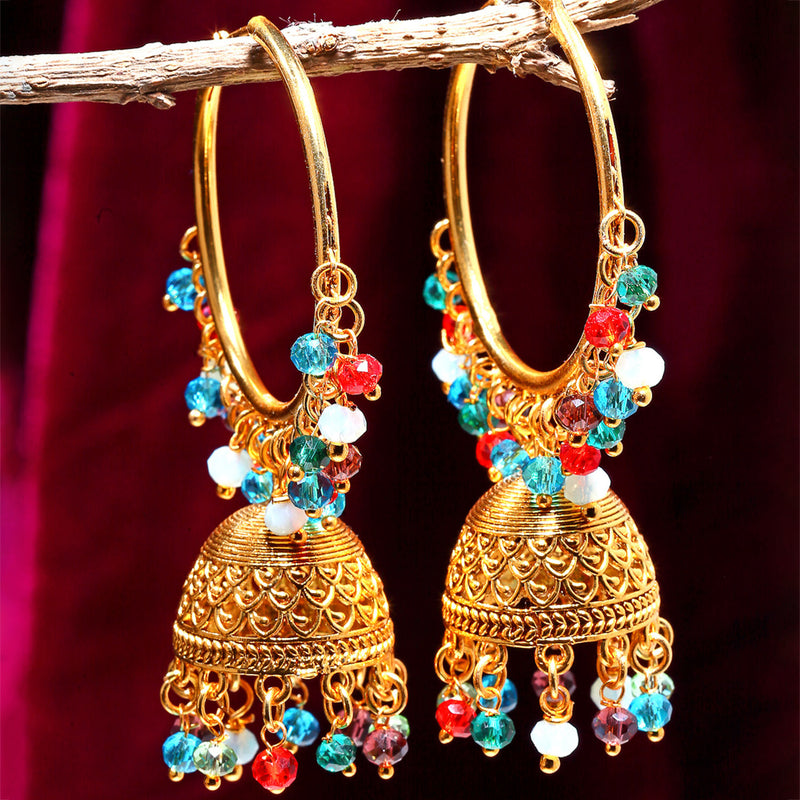 Multicoloured Dome Shaped Jhumkas Earrings with Gold-Plated Copper