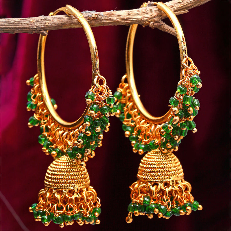 Green Dome Shaped Jhumkas Earrings with Gold-Toned Copper