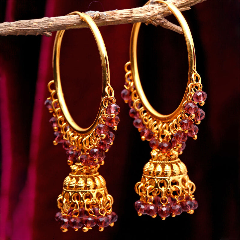 Maroon Dome Shaped Jhumkas Earrings with Gold-Plated Copper