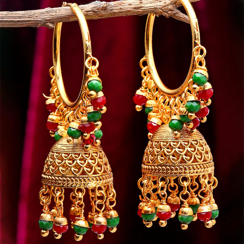 Red & Green with Gold-Plated Dome Shaped Jhumkas Earrings