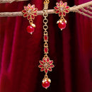 Gold Plated Floral Red Pearl Maang Tikka & Earring Set