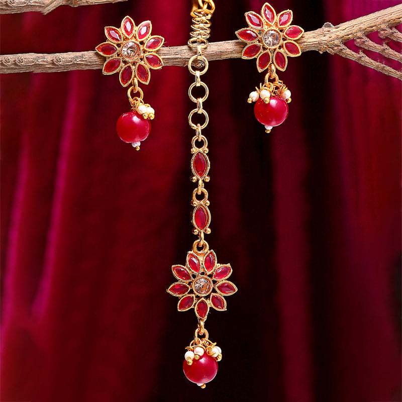Gold Plated Floral Red Pearl Maang Tikka & Earring Set