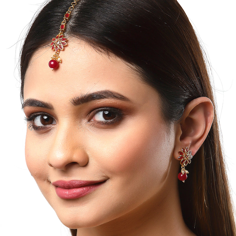 Gold Plated Floral Red Pearl Maang Tikka & Earring Set