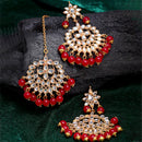 Gold-Plated Red Pearl & Kundan Studded Maang Tikka With Earrings
