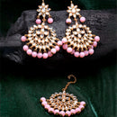 Gold-Plated Pink Pearl & Kundan Studded Maang Tikka With Earrings