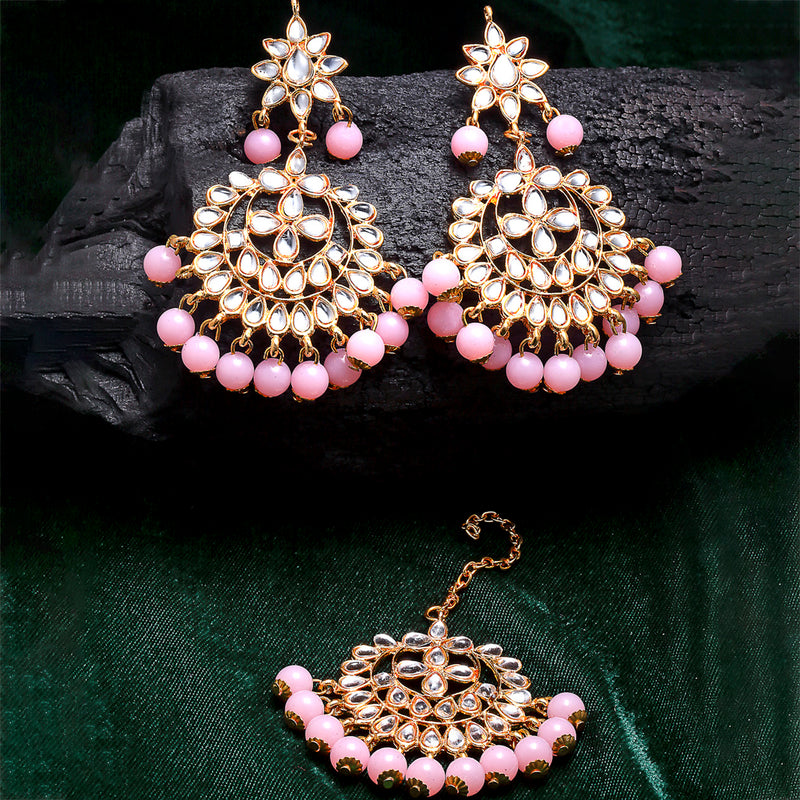 Gold-Plated Pink Pearl & Kundan Studded Maang Tikka With Earrings