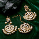 Gold-Plated White Pearl & Kundan Studded Maang Tikka With Earrings