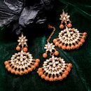 Gold-Plated Orange Pearl & Kundan Studded Maang Tikka With Earrings