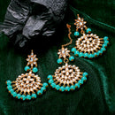 Gold-Plated Sea Green Pearl & Kundan Studded Maang Tikka With Earrings