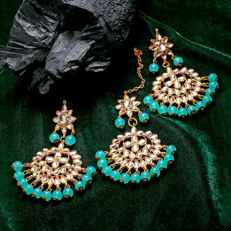 Gold-Plated Sea Green Pearl & Kundan Studded Maang Tikka With Earrings