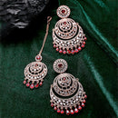 Rose Gold-Plated Round Red American Diamond Studded Chandbali  Maang Tikka & Earrings Set